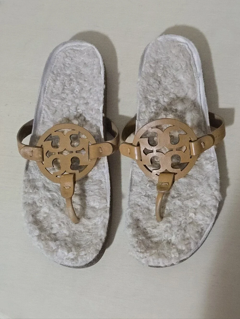 Tory Burch MILLER CLOUD Shearling Sandals - Napa Leather - Caramel - Size 9.5